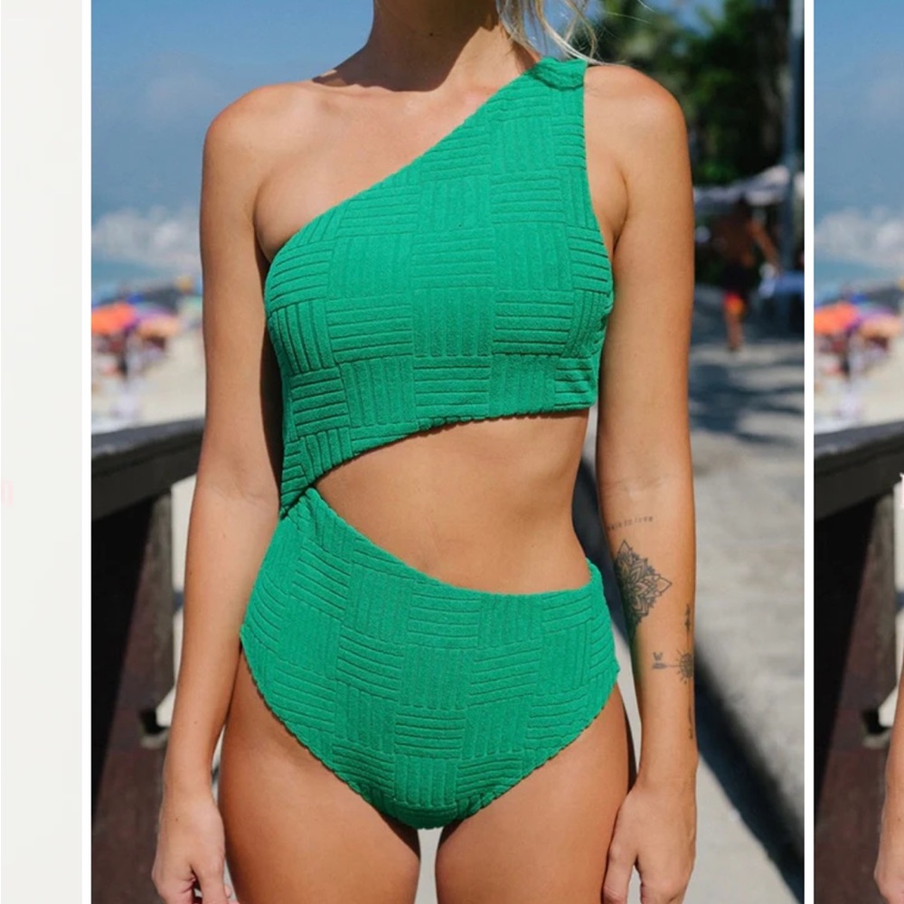 Terry Cloth Cutout Waist Stretch One Piece Swimsuit